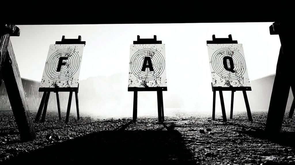FAQ targets labeled F, A, Q in a tactical shooting range — visual cue for 'The Terminal List: Dark Wolf' FAQ section