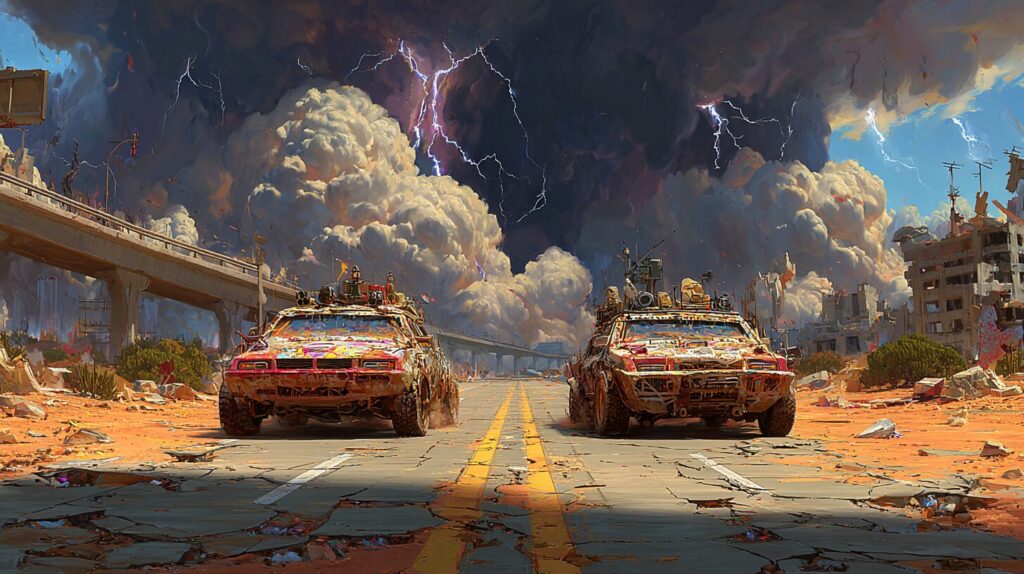 Two heavily modified vehicles face off on a cracked desert highway in a post-apocalyptic setting, with sandstorms, smoke, and lightning in the background, evoking high-speed chaos and cinematic tension.