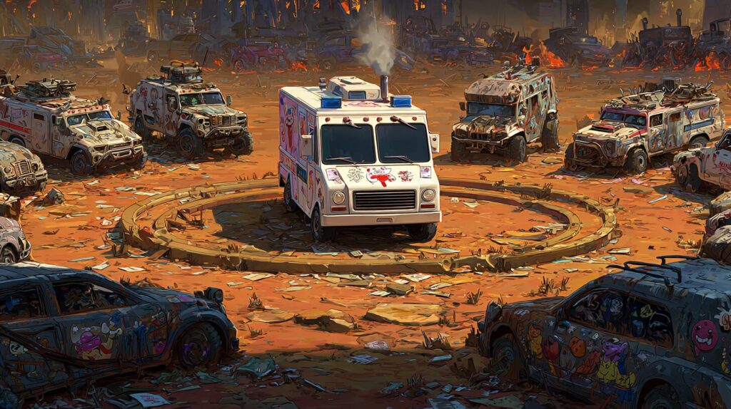 A red sedan glides smoothly through a wide, debris-strewn highway in a near-future wasteland, surrounded by open space and soft light, capturing a sense of effortless motion and calm momentum.