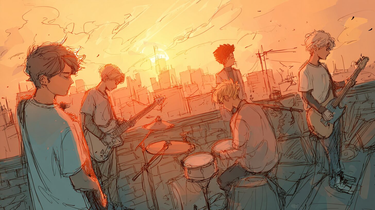 Sketch-style illustration of five teenage band members performing on a rooftop at sunset, with a city skyline in the background. Each member is engaged with their instrument, capturing the energy and emotion of a live performance.
