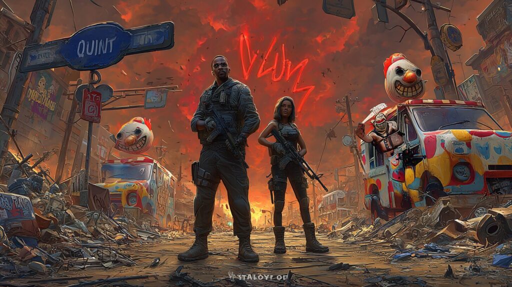 Main characters from the Twisted Metal TV series, including John Doe played by Anthony Mackie, Quiet played by Stephanie Beatriz, Sweet Tooth portrayed by Samoa Joe and voiced by Will Arnett, and Agent Stone played by Thomas Haden Church, shown in a gritty post-apocalyptic setting.