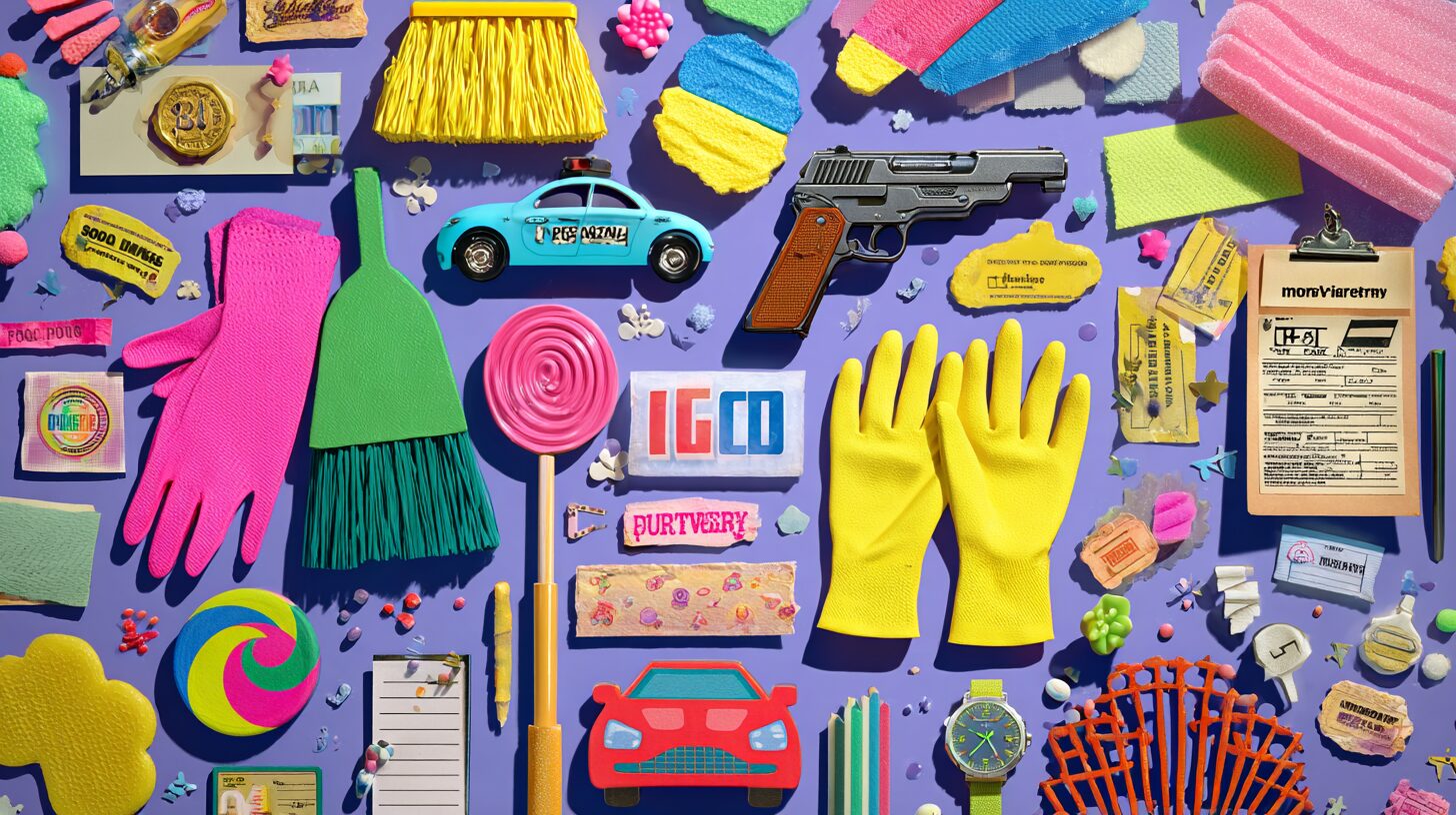 "A pop collage-style image featuring cleaning tools, detective props, and colorful stickers on a purple background. Includes rubber gloves, a broom, a toy police car, a toy handgun, a lollipop, and playful cleaning-themed phrases, visually representing the quirky mystery vibe of the drama 'High Potential.'"