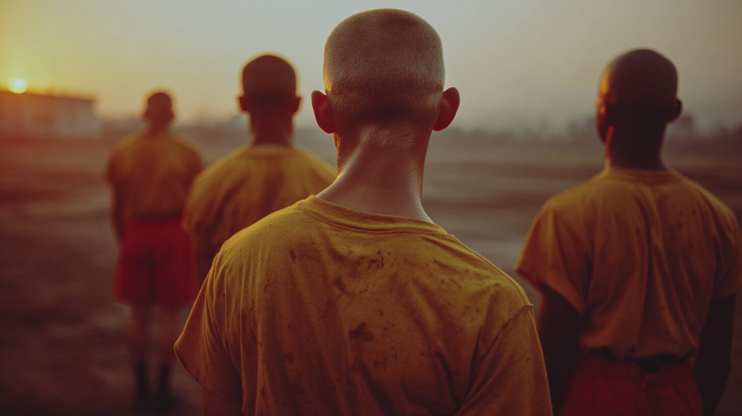 A nostalgic film-style image of young marine recruits with shaved heads, wearing yellow T-shirts and red shorts, standing on a dusty training ground at sunset. Their backs face the camera as they look toward the horizon, evoking a sense of discipline, vulnerability, and quiet determination.