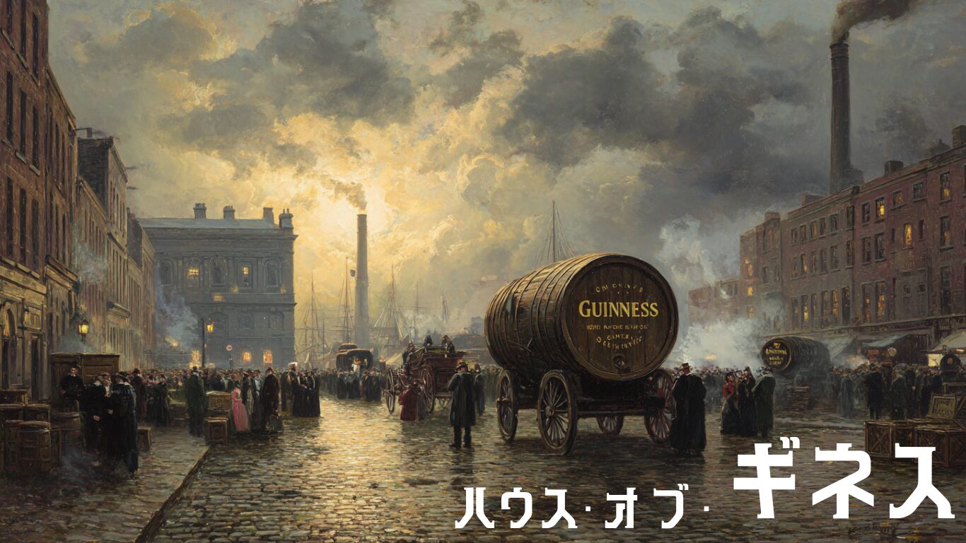 A dramatic 19th-century Dublin street scene featuring a large wooden Guinness barrel being transported by horse-drawn cart. The cobblestone road is lined with brick buildings and industrial smokestacks, with smoke rising into a cloudy sky. People in Victorian-era clothing gather around, evoking a moody, historical atmosphere. Japanese text at the bottom reads “ハウス・オブ ギネス” (House of Guinness).