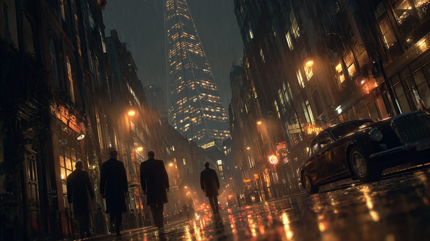 Nighttime view of modern London with high-rise buildings like The Shard and the Gherkin, rain-soaked streets reflecting neon lights, and shadowy figures suggesting a gritty, cinematic atmosphere.